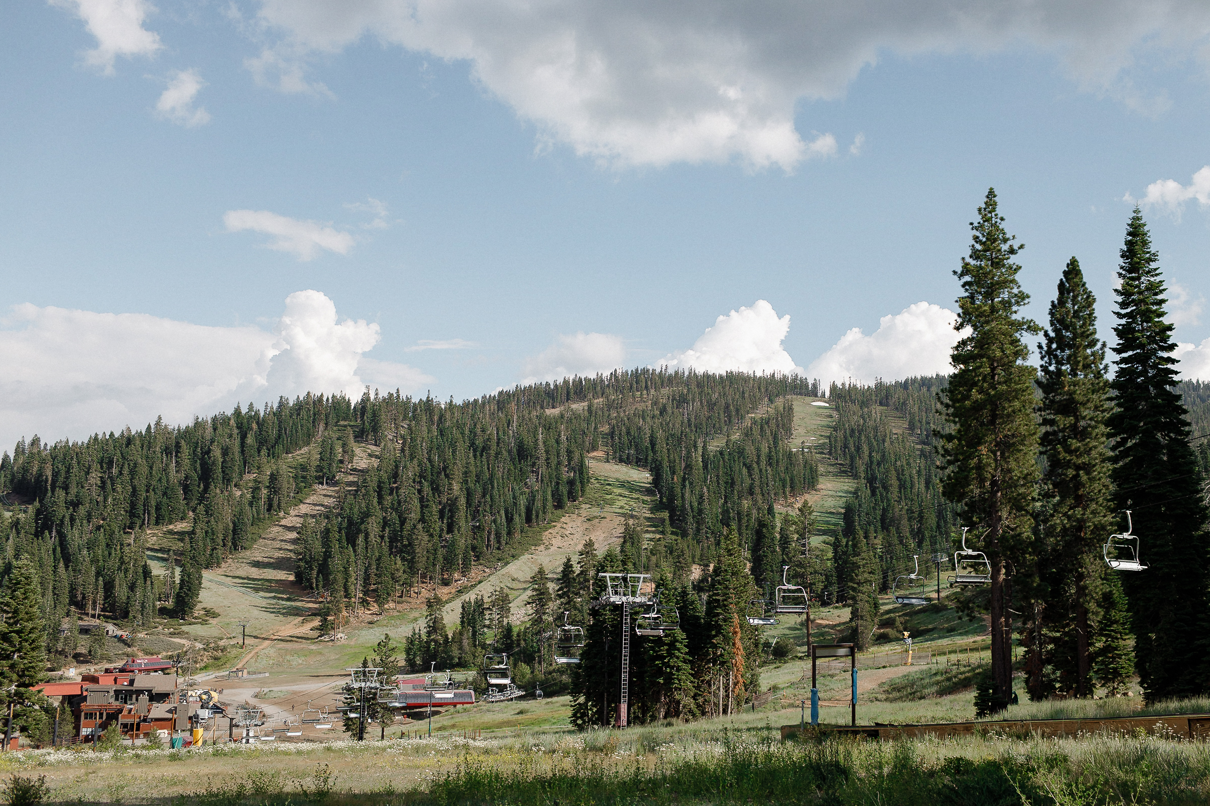 Elegant summer Tahoe ski resort with lush green slopes, chairlifts, and The Ritz-Carlton—perfect wedding venue scenery.