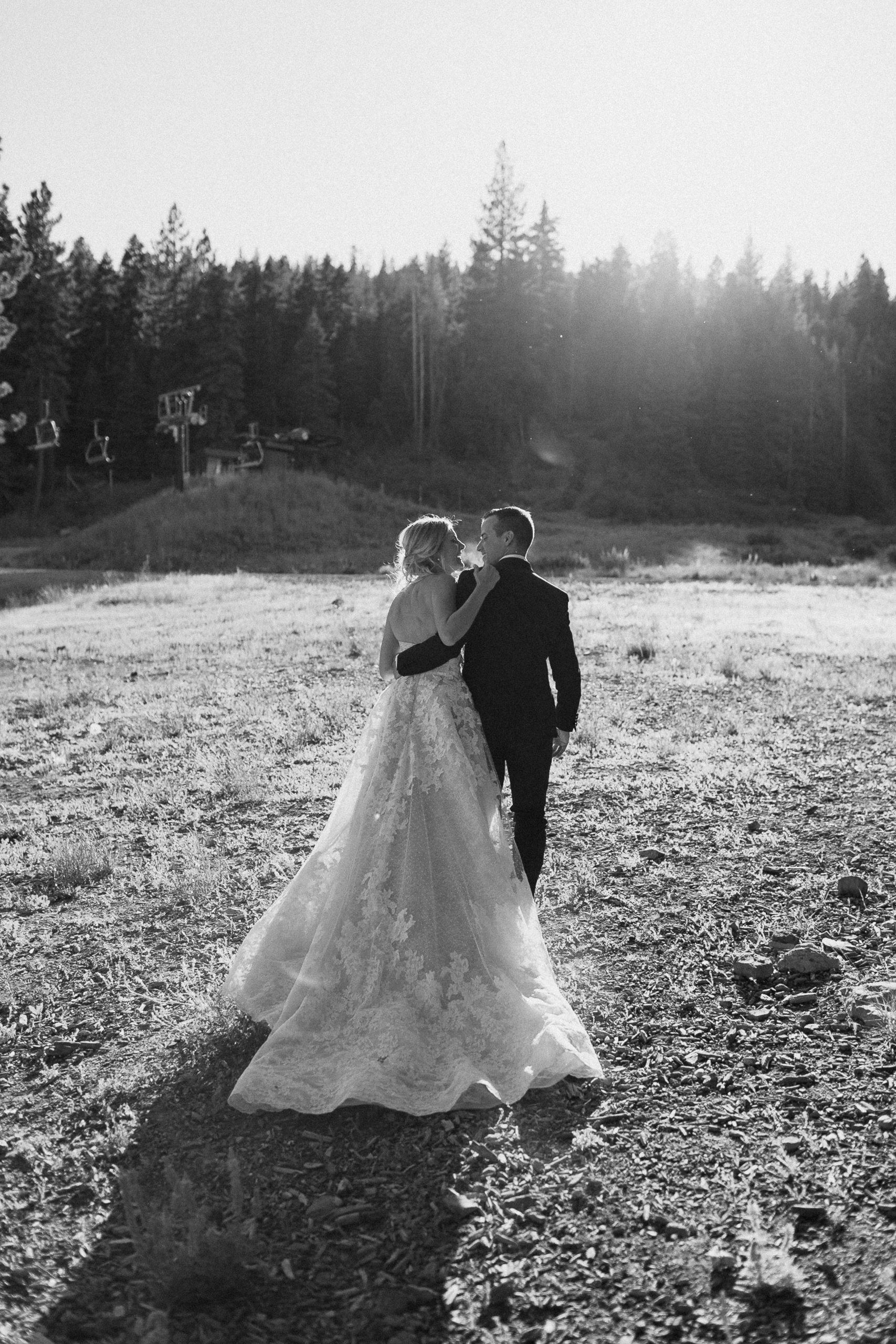 Bride in lace gown and groom in suit walk hand-in-hand through a sunlit field, photographed from behind in black and white.
