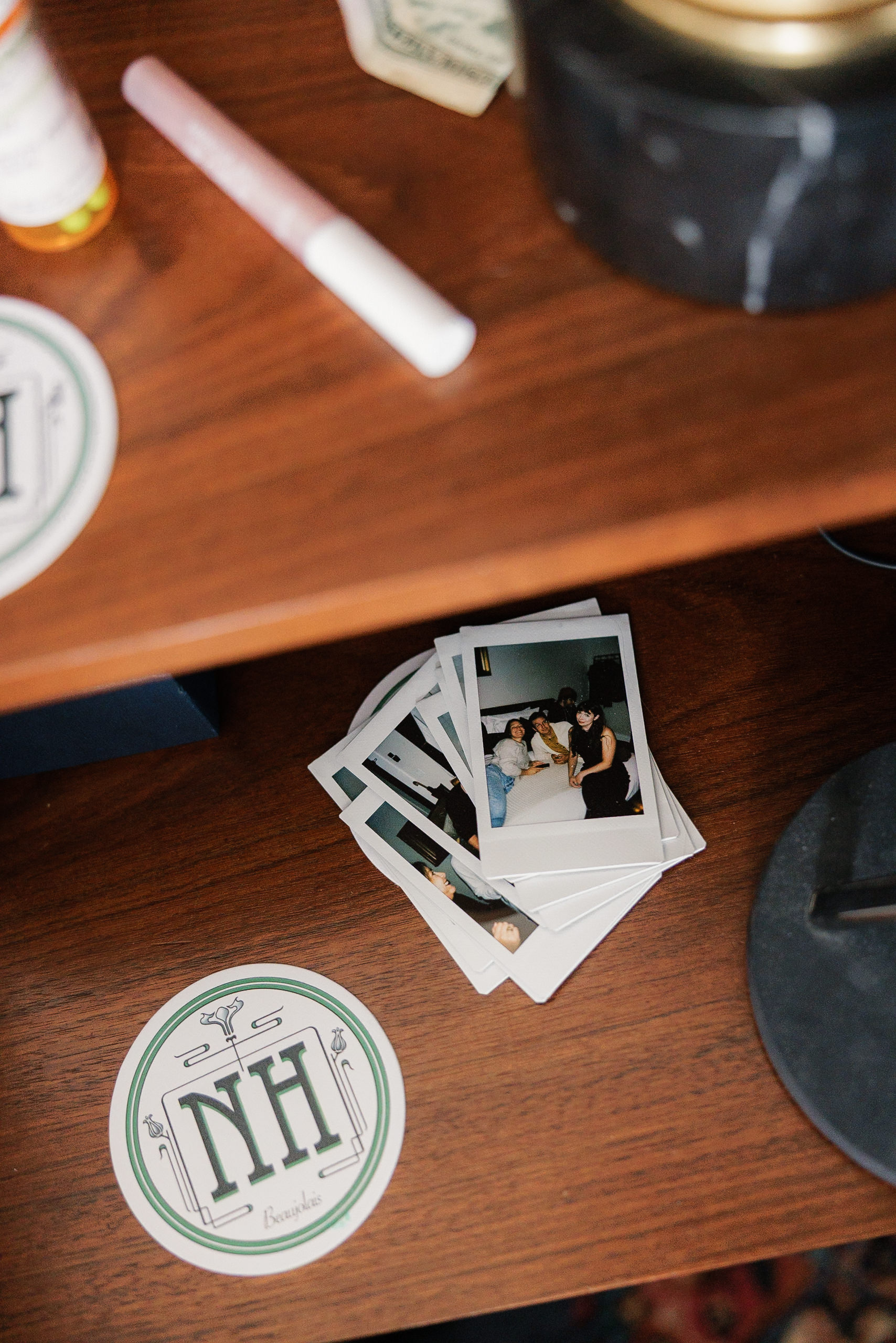 Mendocino Wedding Instant Photo Collection on Wood Table with NH Coaster & Pink Pen.