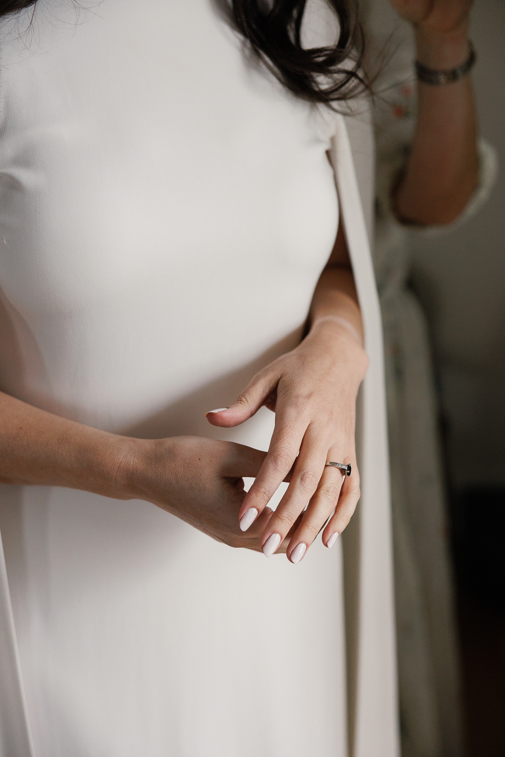 Bridal Portrait: Elegant Manicure & Stone Ring, Mendocino-Style Background.