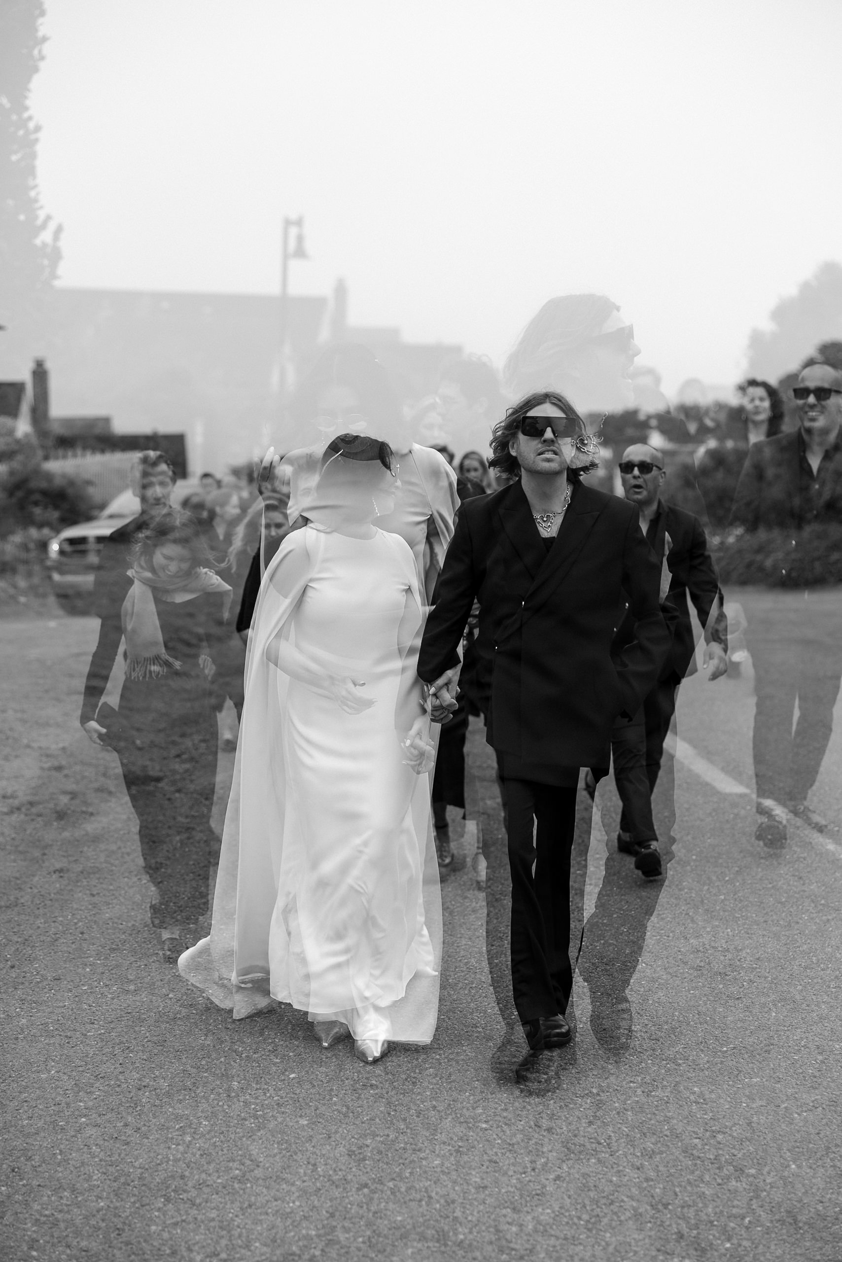 Black & White Wedding Party Photo in Mendocino - Bride with Groom, Double-Exposure Effect.