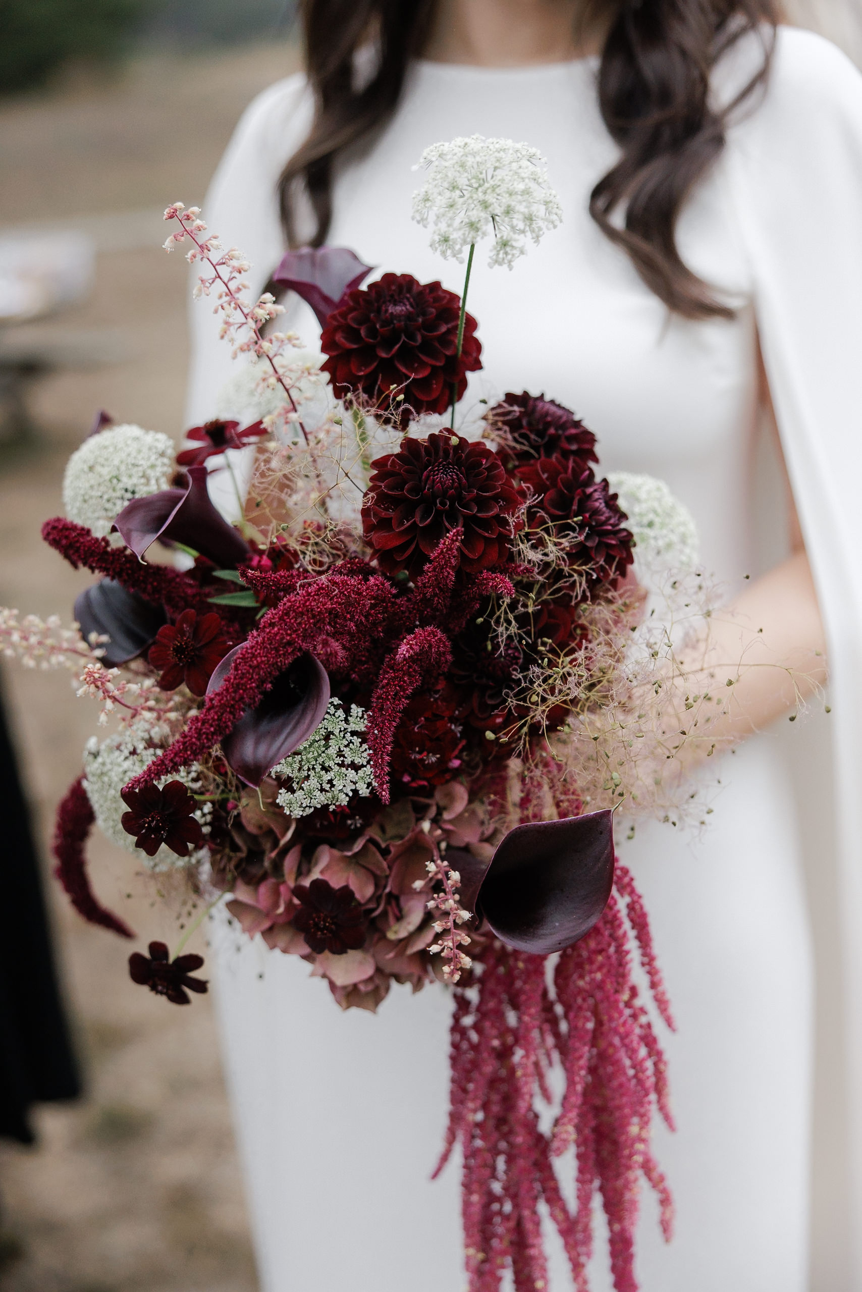 Mendocino Bride with Elegant Bouquet: Dahlias, Hydrangeas, Calla Lilies & Amaranthus.