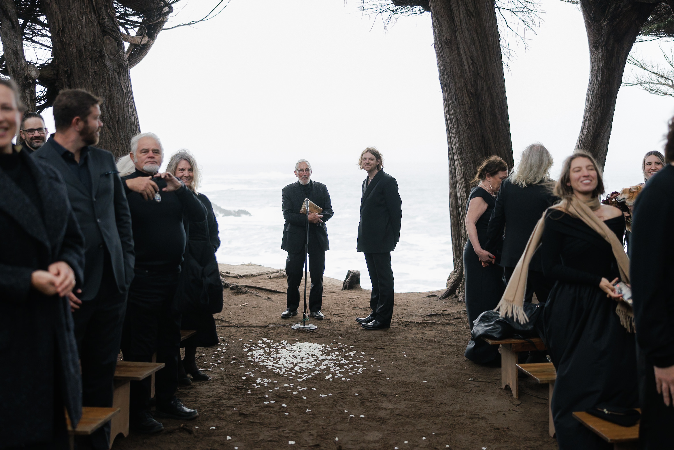 Mendocino Oceanfront Wedding: Serene outdoor ceremony in black attire amidst tall trees and scattered petals.