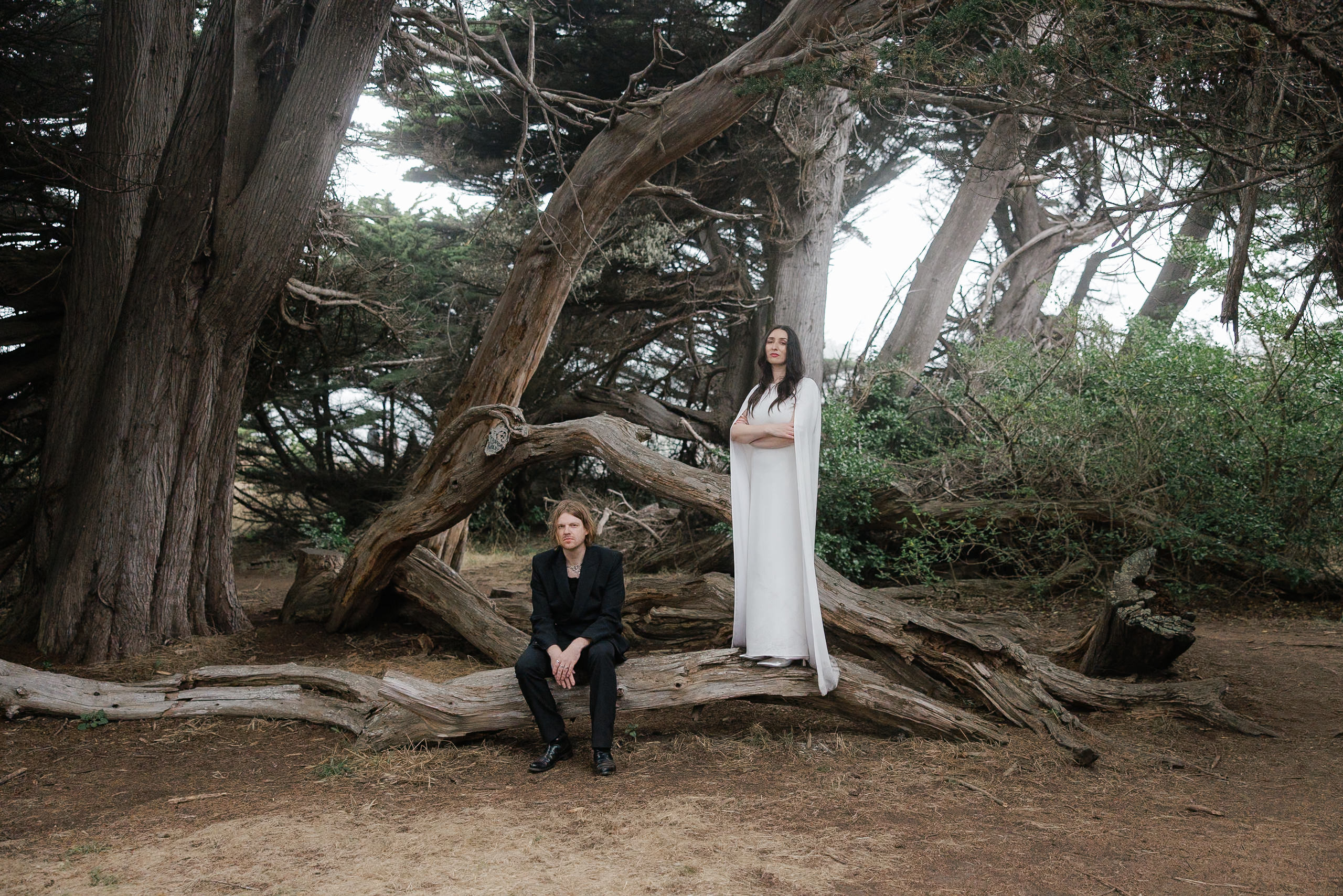 Elegant Mendocino Wedding: Bride in White Dress & Groom in Black Suit Amidst Lush Greenery.