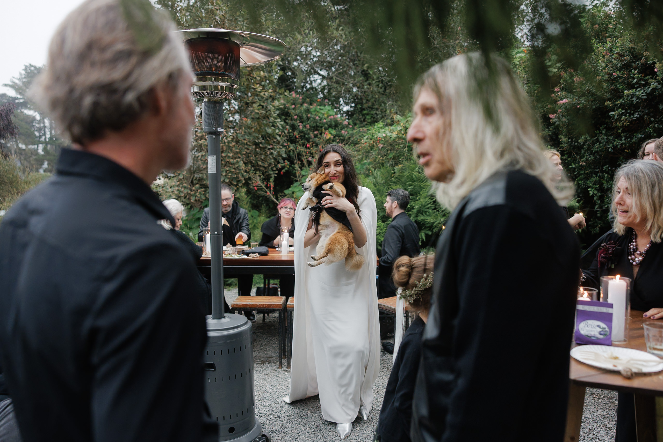 Elegant Bride in White with Dog at Mendocino Outdoor Wedding - Candid Event Photography.