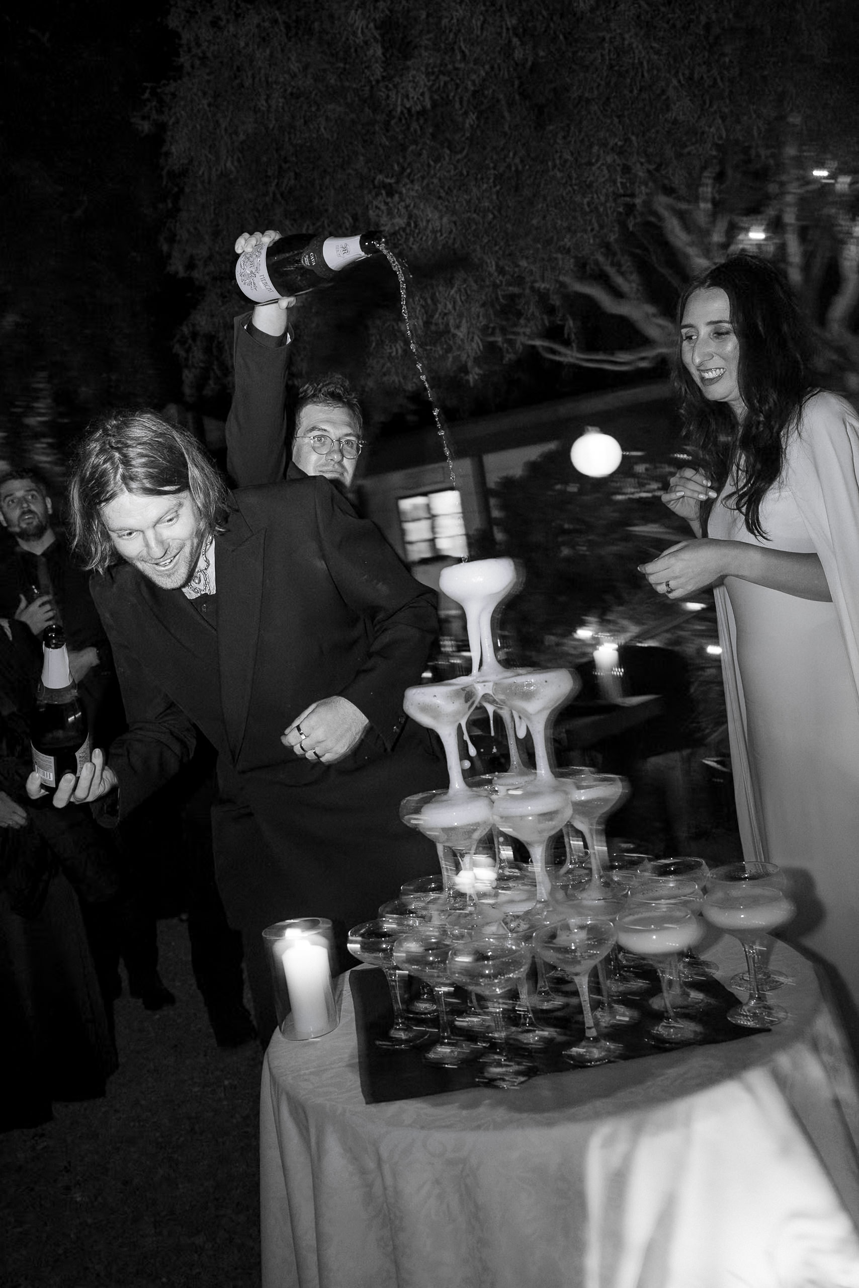 Luxury Mendocino Wedding: Black-and-White Champagne Tower Celebration Moments.