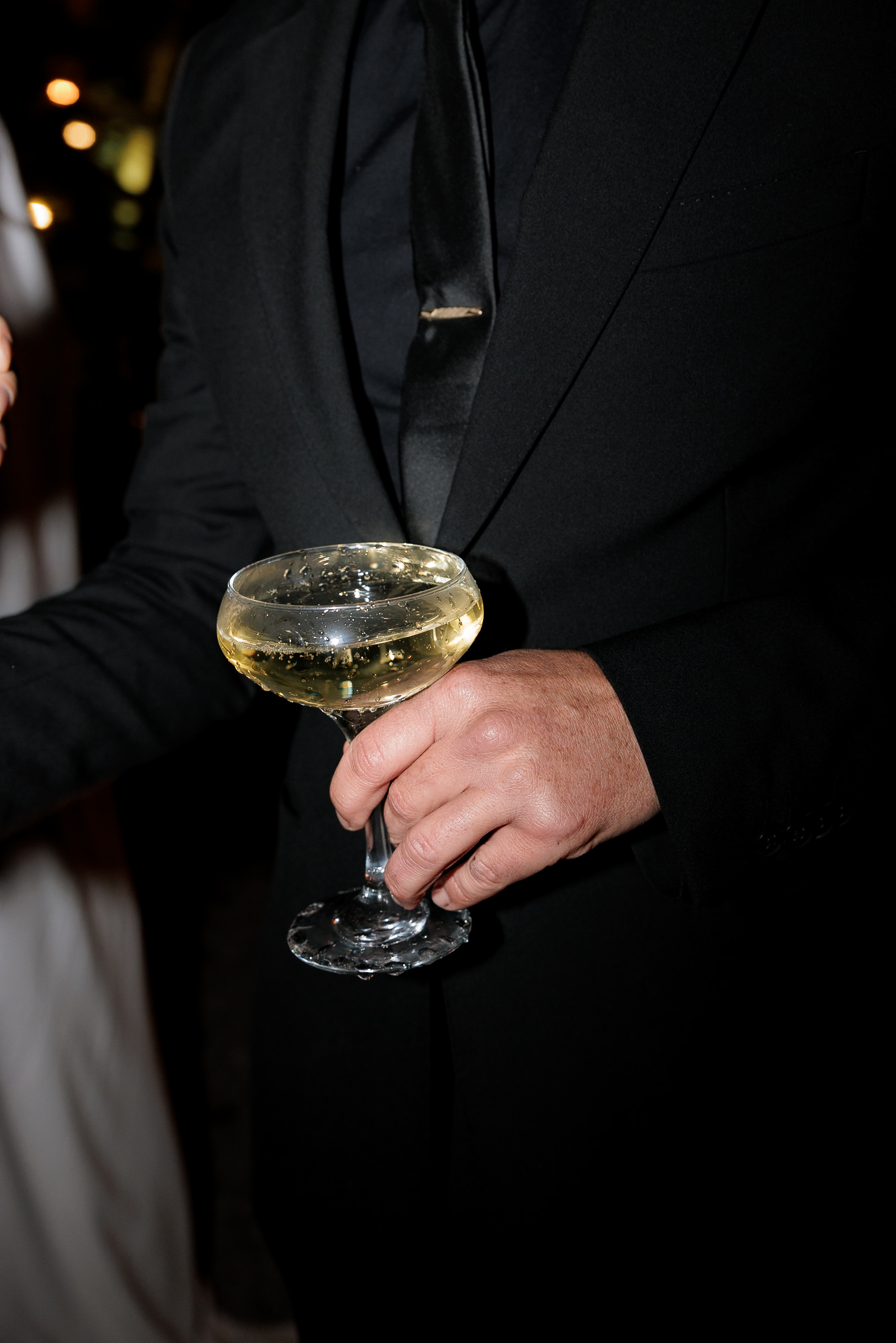 Elegant black suit, champagne coupe, warm Mendocino evening backdrop.